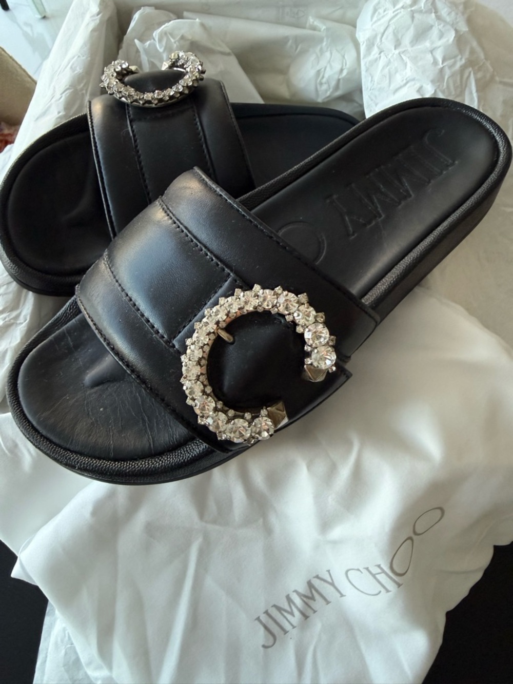 Jimmy Choo Black Leather Crystal Buckle Slide Sandals - Picture 6 of 6